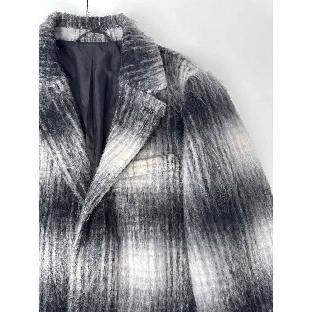 Saturdays NYC Mens Black White Plaid Wool Blend Shaggy Overcoat Jacket Size M